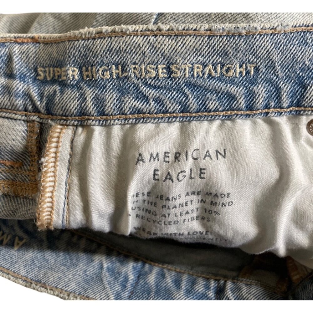 AE Stretch Super High-Waisted Straight Distressed Light Blue Jeans Womens Size 8 - Picture 9 of 11